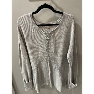 Knox Rose Womens XL Grey Lace Up V-Neck Knit Pullover Tunic Sweater Boho